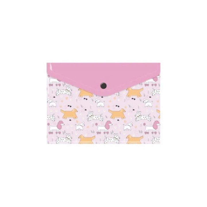 Dosar A5 Biurfol cu imprimeu catei, din folie PP, cu clapa contrastanta, inchis cu nasture