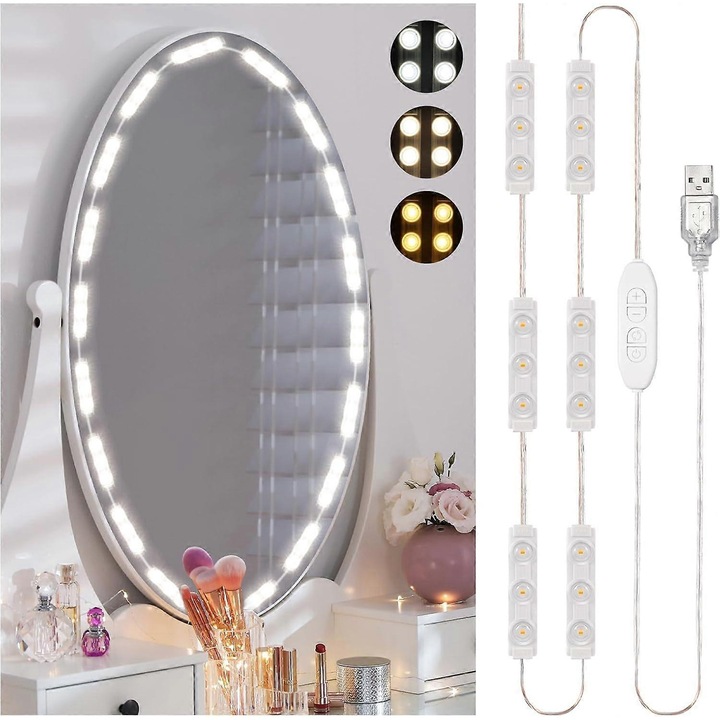 Becuri LED pentru oglinda, 10 becuri dimabile, cablu USB, alb