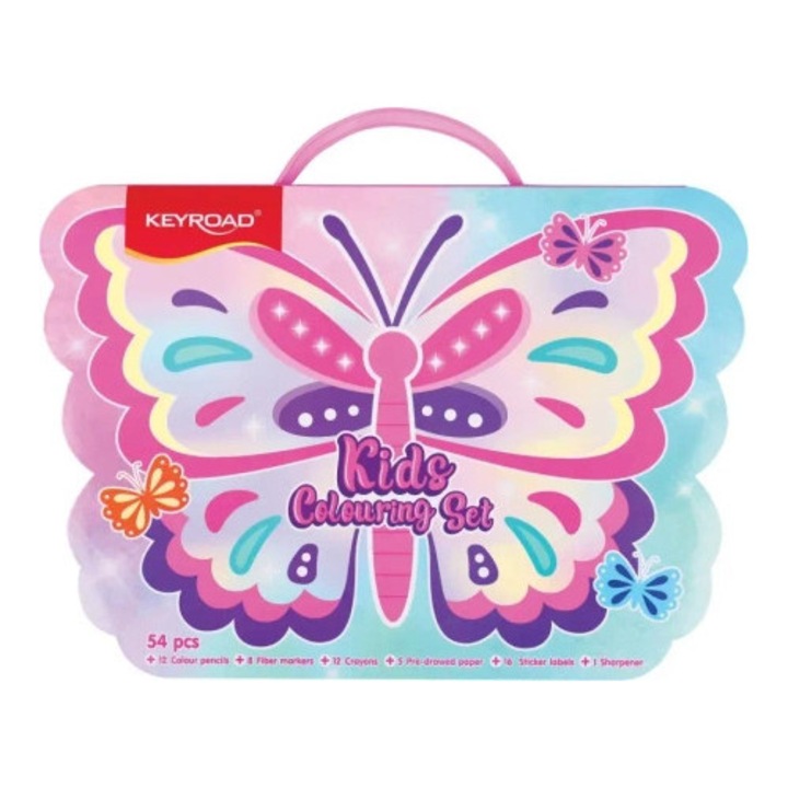 Keyroad művészeti készlet gyerekeknek, 54 darabos, rózsaszín, fogantyús doboz
