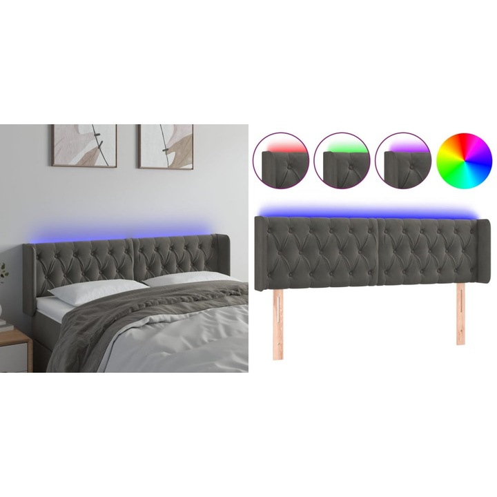 Tablie de pat cu LED, gri inchis, 163x16x78/88 cm, catifea