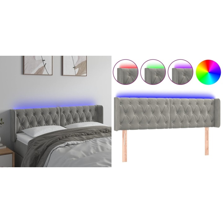 Tablie de pat cu LED, gri deschis, 163x16x78/88 cm, catifea