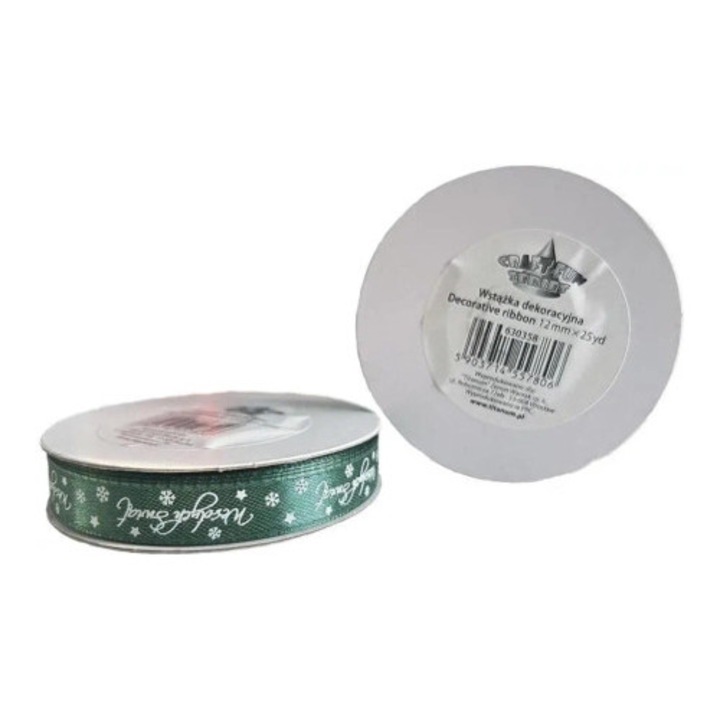 Ribona satinata de Craciun 12mm, verde cu imprimeu alb, 25 de yarzi