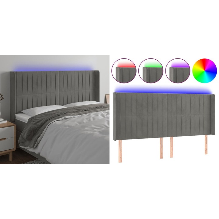 Tablie de pat cu LED, gri deschis, 183x16x118/128 cm, catifea