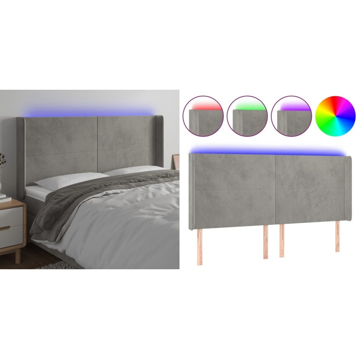 Tablie de pat cu LED, gri deschis, 183x16x118/128 cm, catifea