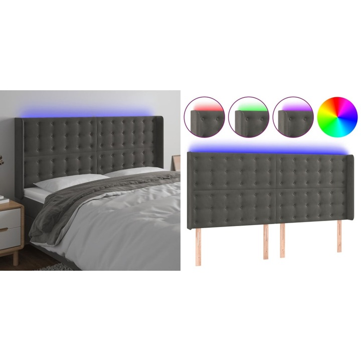 Tablie de pat cu LED, gri inchis, 183x16x118/128 cm, catifea