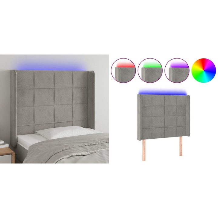 Tablie de pat cu LED, gri deschis, 93x16x118/128 cm, catifea