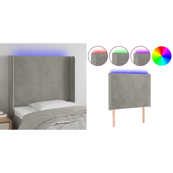 Tablie de pat cu LED, gri deschis, 93x16x118/128 cm, catifea