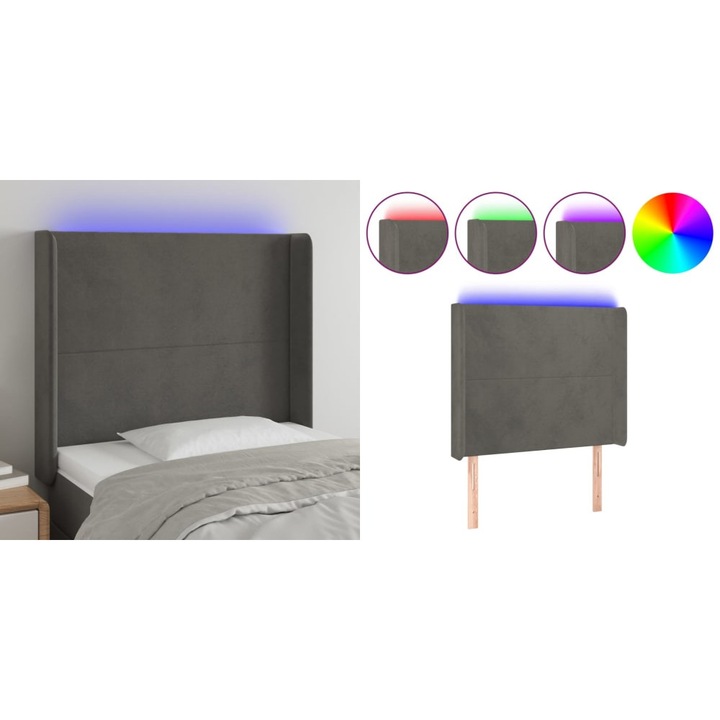Tablie de pat cu LED, gri inchis, 93x16x118/128 cm, catifea