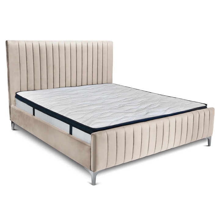 Pat tapitat Dino, 180x200 cm, cu somiera fixa si picioare inalte, Bej - Velluto