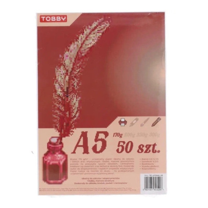 Hartie tehnica A5, Tobby, 170g, 50 coli, alb, pentru imprimare, schite si proiecte artistice
