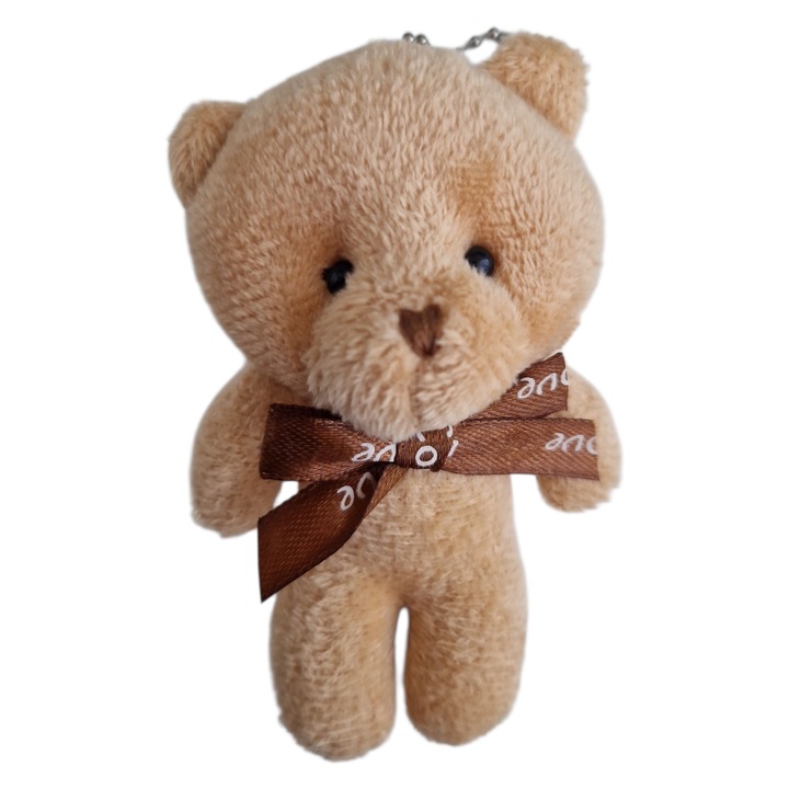 Breloc ursulet de plus cu panglica, crem inchis, 11 cm