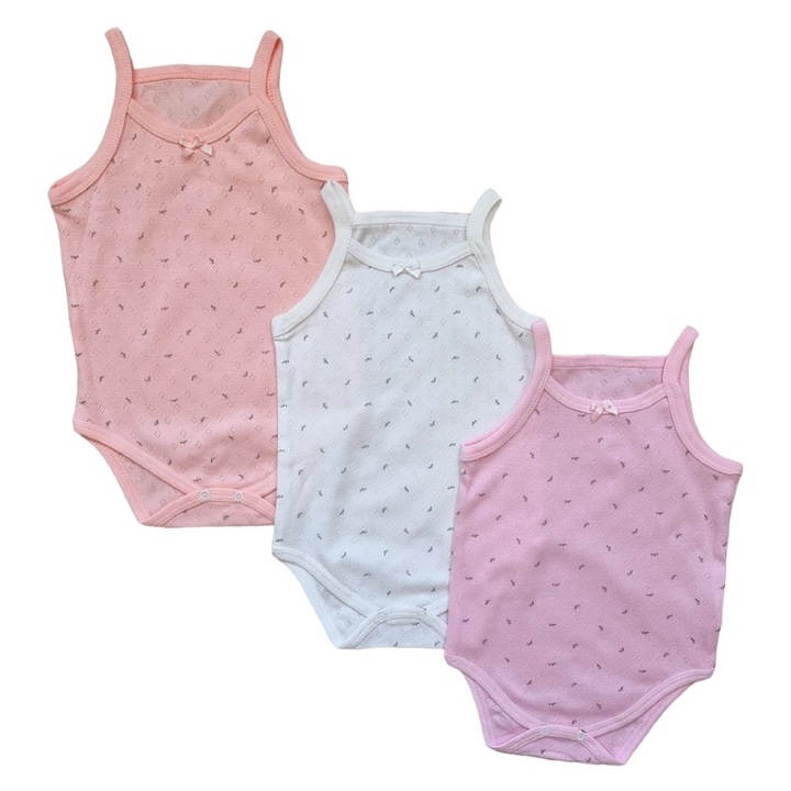 Set 3 body maiou fete cu bretele, model brodat, floricele, varsta 2-3 ani, 98 cm, Multicolor