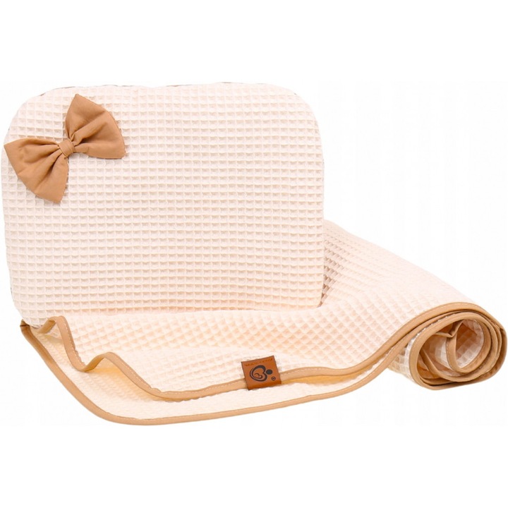 Set paturică 77x57 cm și pernă 25x30 cm, Babymam, bumbac 100%, design waffle bej