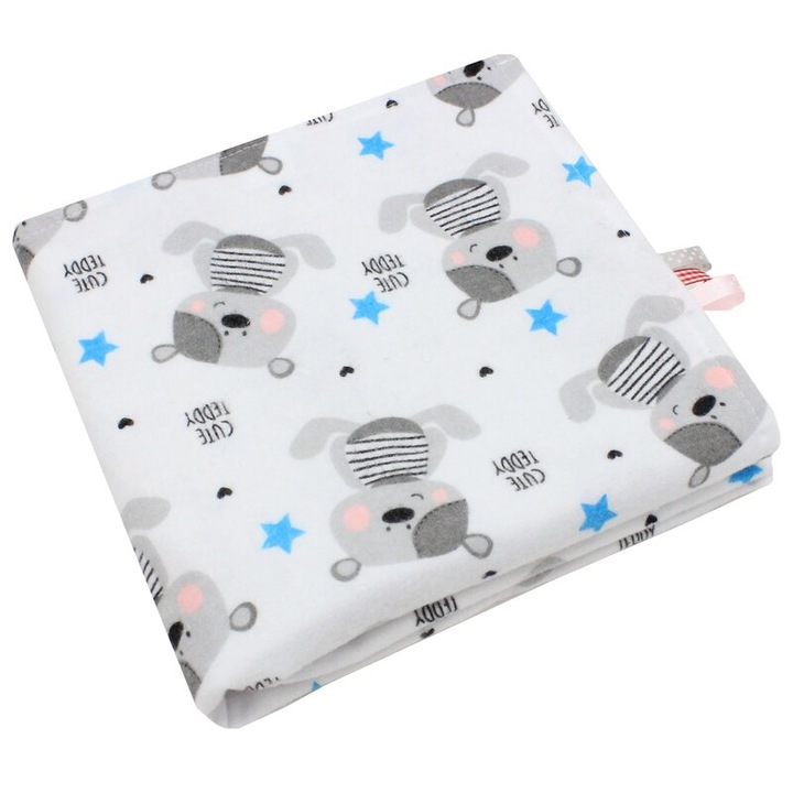 Paturica flanel bumbac, cute teddy, alb, 80 x 100 cm