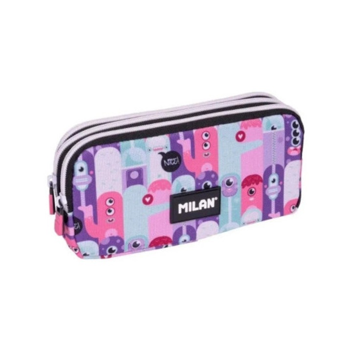MILAN Aliens 2 háromrekeszes tolltartó, rózsaszín-lila, 22x11x6,5cm