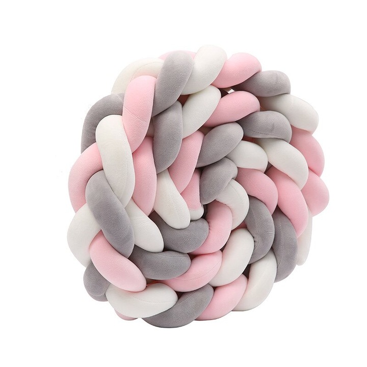 Protectie laterala patut bebelusi, Bumper, impletita, lungime 2 m, material antialergic, roz, gri, alb, Funny Party Shop®