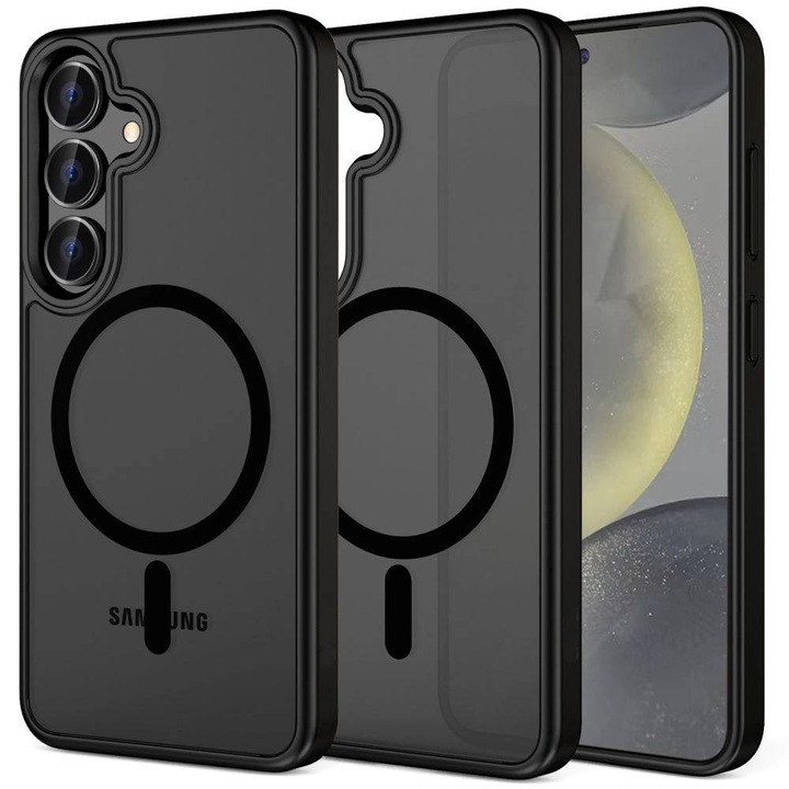 Husa pentru Samsung Galaxy S25 FE cu protectie pentru lentile si MagSafe EasyCharge, Ghost Series Anti-ingalbenire, frosted - negru