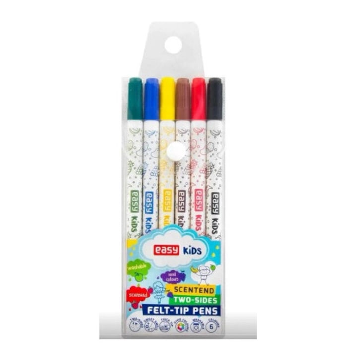Set markere Easy Stationery, 6 culori intense, cu varf subtire si gros, parfum fructat