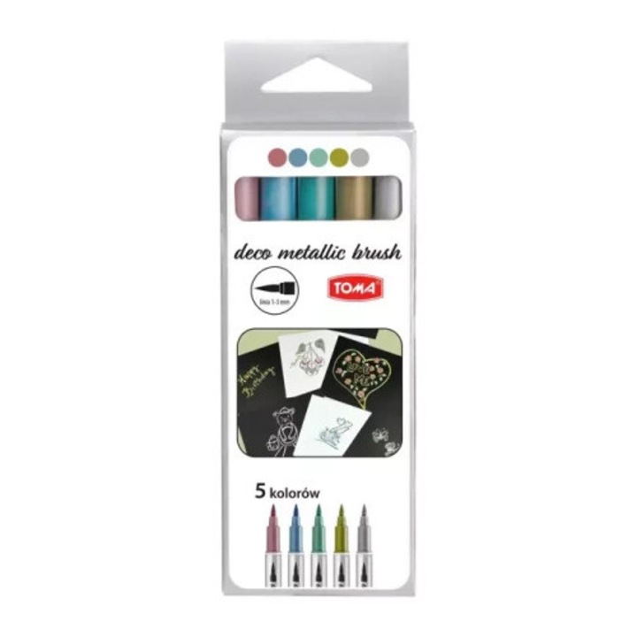 Markere permanente TOMA set 5 culori, tus metalic, rezistent la apa, varf pensula
