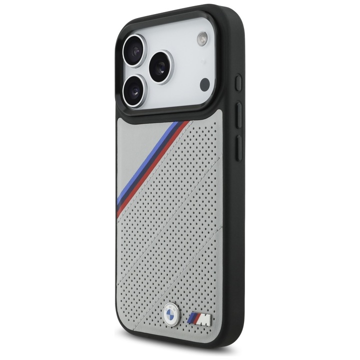 BMW M Tricolor Fém Logós MagSafe Kompatibilis Tok iPhone 17 Pro-hoz, Szürke