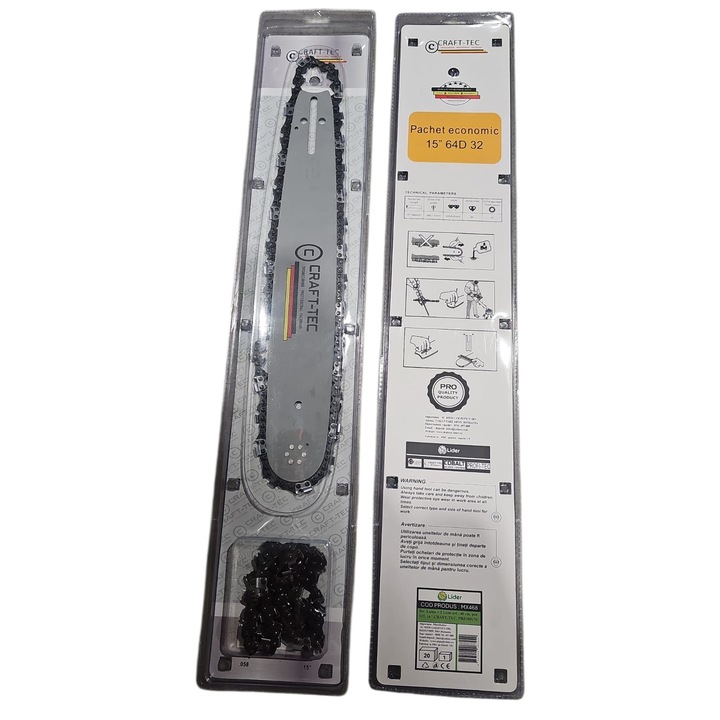 Комплект за бензинова резачка, 2 вериги 32 зъба 15'' 325 64DL 1.5MM + една шина 40 см дължина CRAFT-TEC Germany Premium, качество на рязане