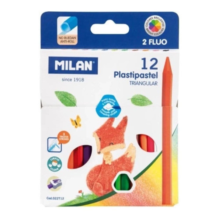 Creioane colorate triangulare set 12 culori MILAN, 10 culori de baza si 2 fluorescente, 12x0,8cm, 15,5x11x1cm