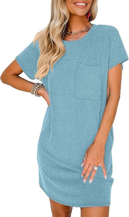 Rochie casual pentru femei deasupra la genunchi, maneci scurte, buzunar la piept, Albastru deschis