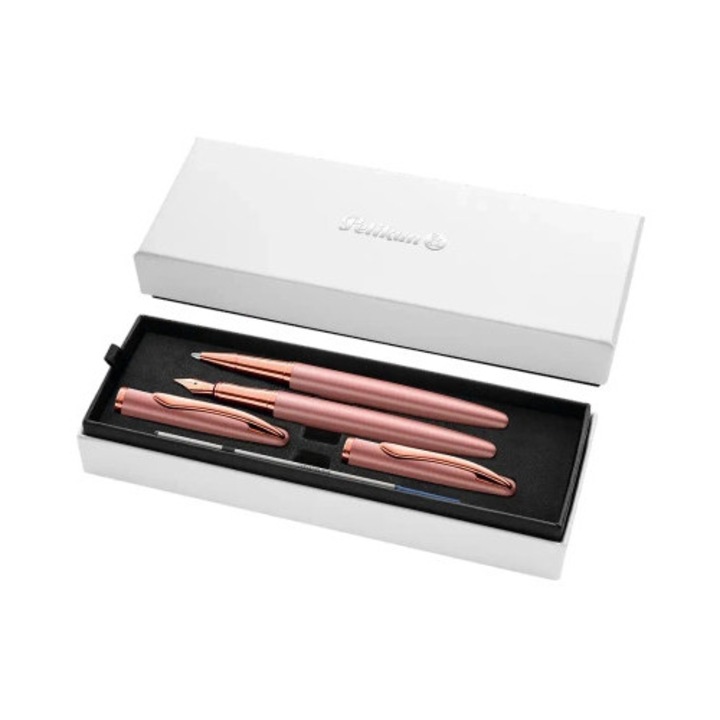 Set instrumente de scris Pelikan Jazz Noble Elegance, stilou cu varf M si pix cu cerneala, roz perlat, metalic