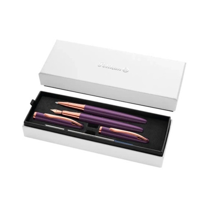 Set instrumente de scris Pelikan Jazz Noble Elegance, stilou cu nib M si pix cu cerneala, violet perlat, detalii roz aurii