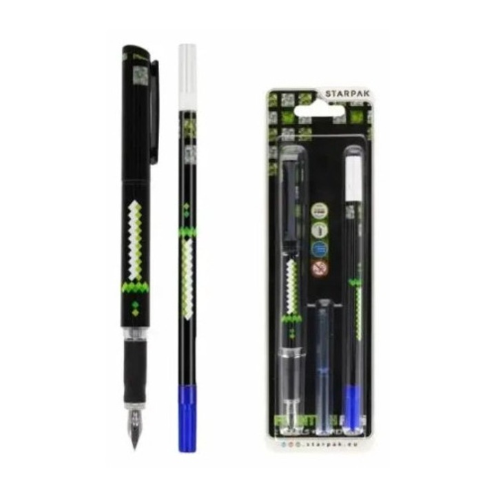 Stilou cu cerneala STARPAK, set cu 2 cartuse si stergator, 13cm, grafica Pixel