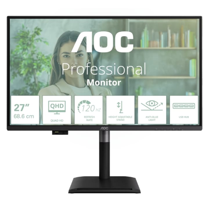 Monitor IPS LED AOC 27" Q27P4U, QHD 2560 x 1440, HDMI, DisplayPort, Pivot, Boxe, 120 Hz, 4 ms Negru