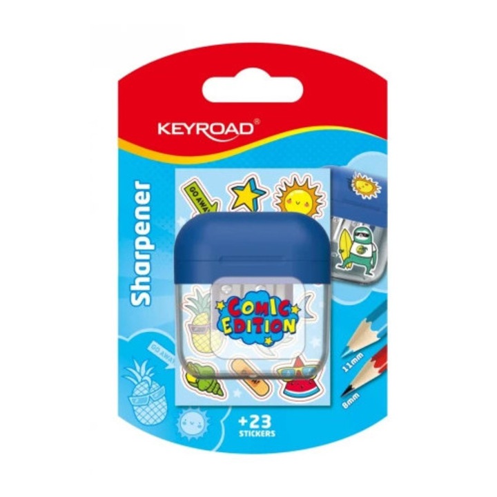 Ascutitoare dubla, Keyroad Comic Edition, transparenta, set cu 23 de autocolante, mix de culori