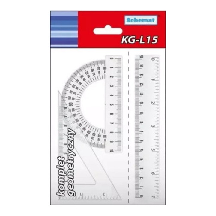 Set instrumente geometrice Schemat, 3 piese, rigla 15 cm, echer, raportor