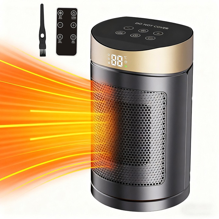 Wuciray® Aeroterma Master Heater 1500W - Електрически керамичен PTC нагревател с термостат, нагревател за помещение, таймер 1-12 часа, еко режим, безопасен, жълт