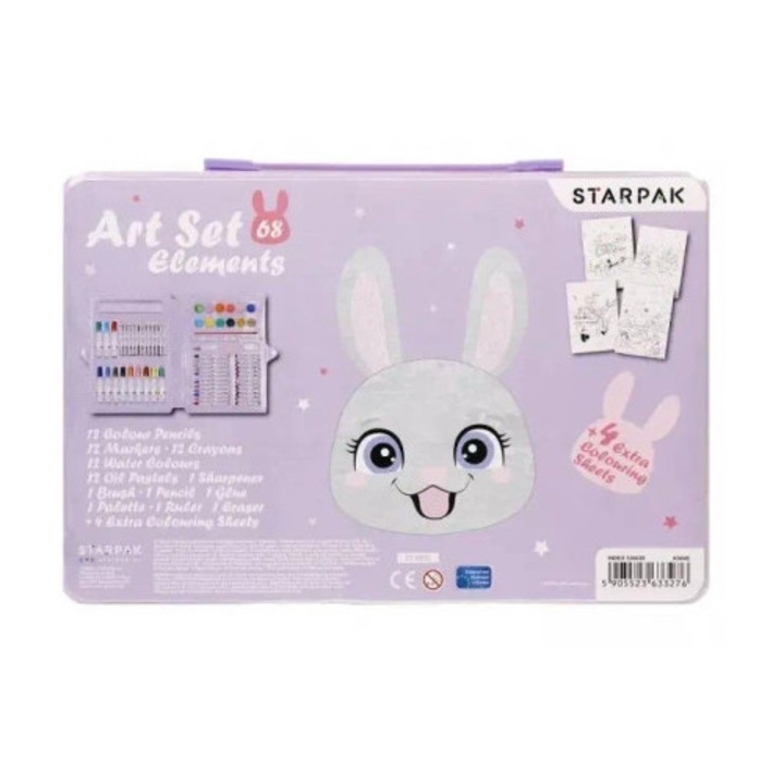 Set de unelte de desen STARPAK Rabbit, 68 elemente, multicolor, organizat in valiza