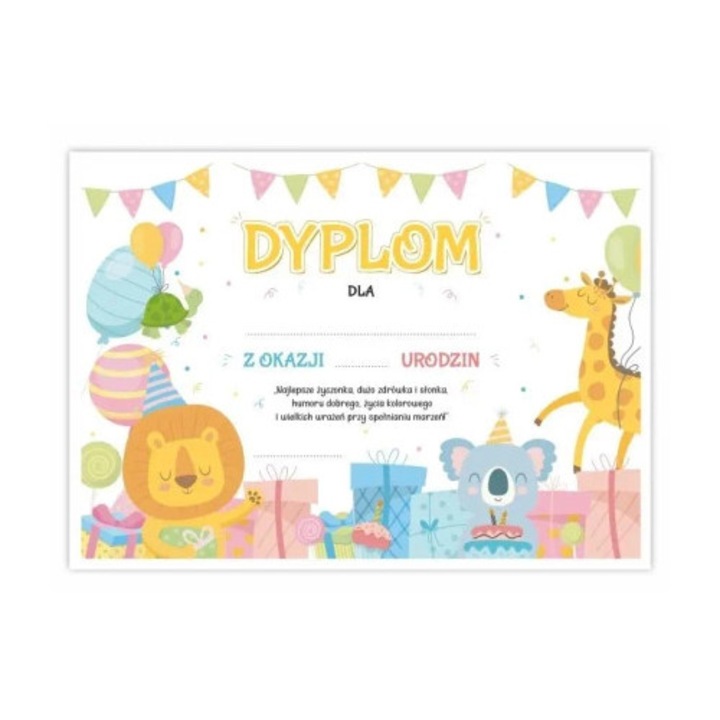 Diplom A4 évfordulós - Vidám állatkák, 5 darabos szett, 29,7x21cm