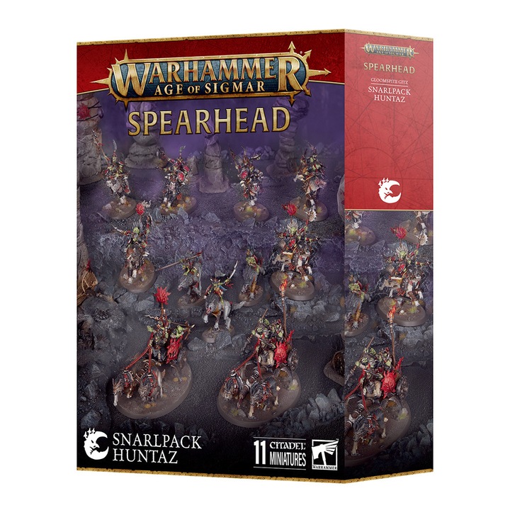 Extensie de joc Warhammer Age of Sigmar, Spearhead Snarlpack Huntaz Gloomspite Gitz, Games Workshop, 232 piese, gri
