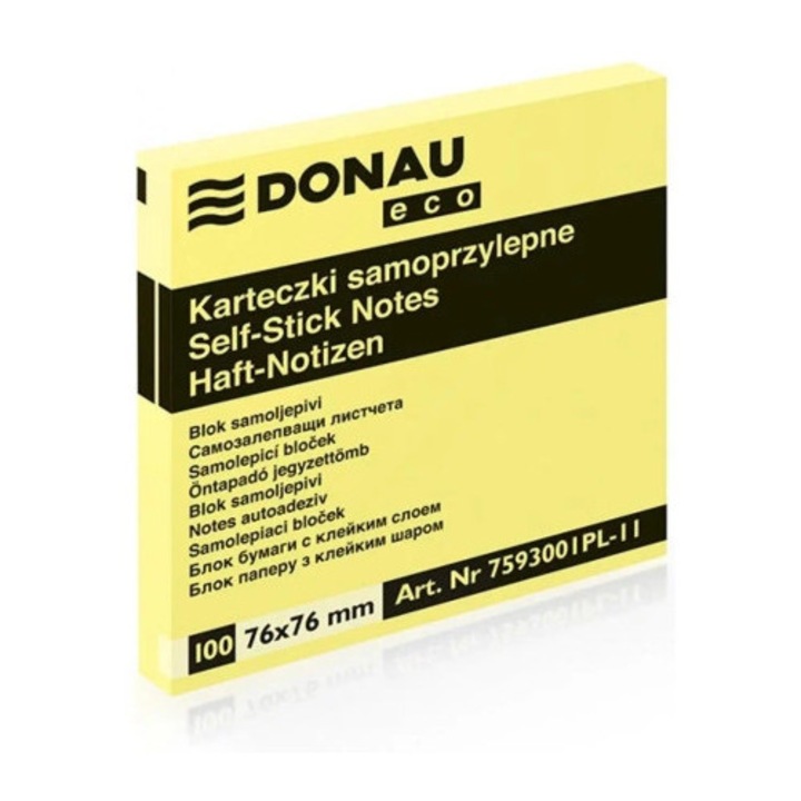 Bloc de notite autoadezive Donau, 100 buc, 76x76mm, culoare galben deschis, 70gsm