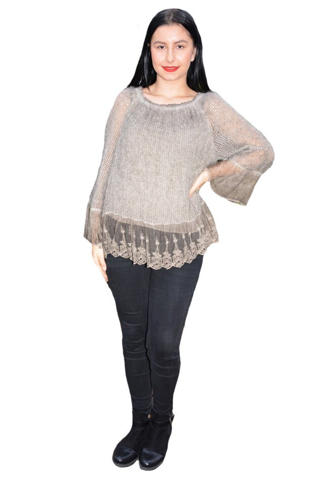 Bluza Elena din tricot cu insertii de dantela ,D&J Exclusive, Kaki