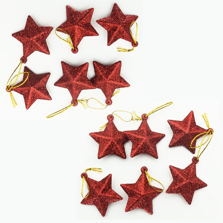 Set globuri de Craciun 12 piese, stea cu 5 colturi 5cm, rosu