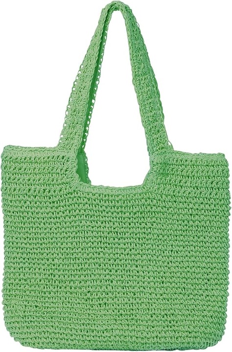 Geanta de plaja pentru femei, model mare din paie impletite, verde smarald, dimensiuni 24.4x15.74in, inchidere cu fermoar