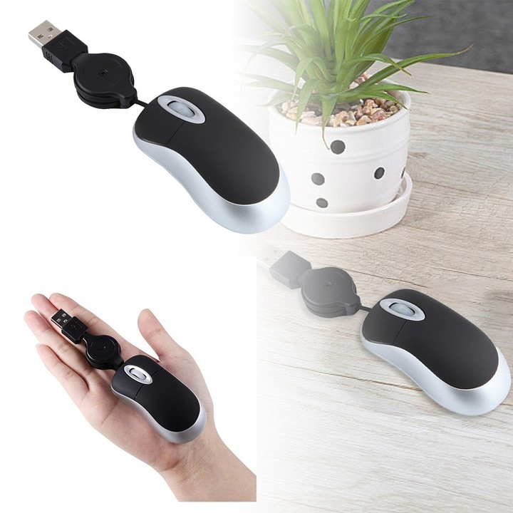 Mouse optic USB retractabil mini, 800 DPI, negru, dimensiuni 2.95x1.57x0.79 inchi
