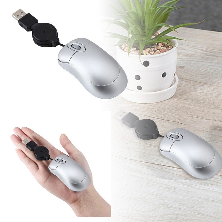 Mouse optic USB retractabil mini, 800 DPI, negru, dimensiuni 2.95x1.57x0.79 inchi