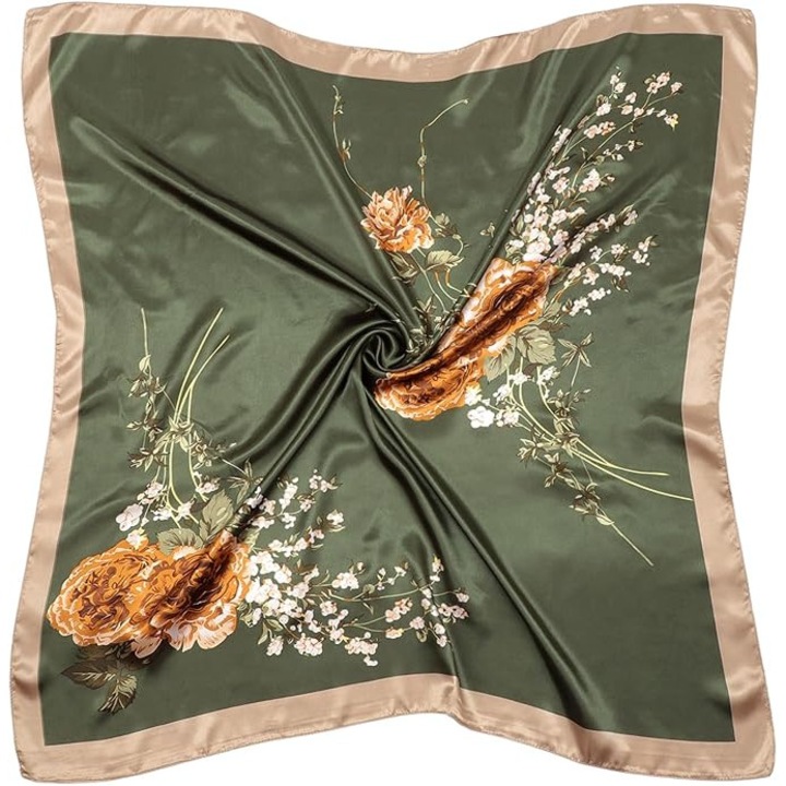 Esarfa patrata satinata, 90x90cm, verde, model clasic, set de accesorii pentru femei