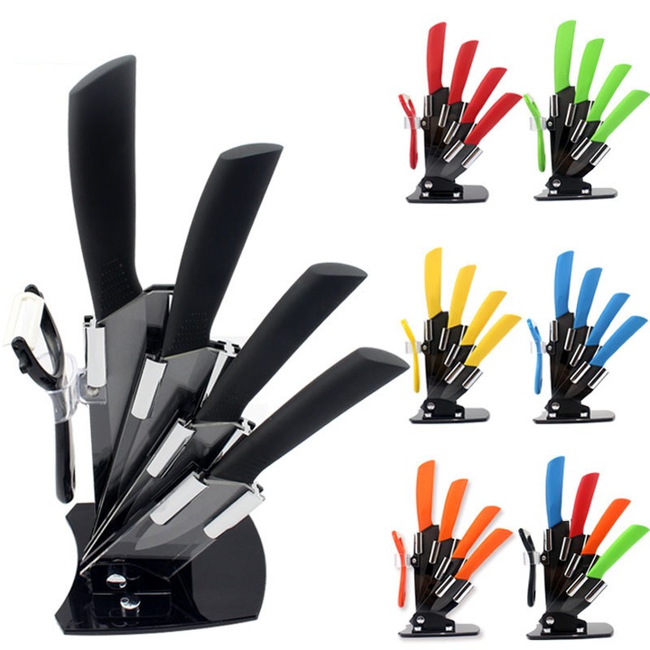 Set de cutite ceramice, 5 piese, cutit de bucatar, cutit multifunctional, 3x7.5cm, 4x10.4cm, 5x13cm, 6x15cm