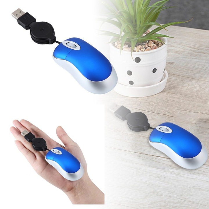 Mouse optic USB retractabil mini, 800 DPI, negru, 2 butoane, pentru PC