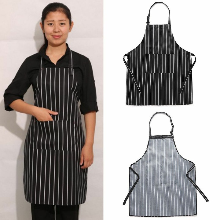 Sort de bucatarie unisex cu dungi negre si albe, 1 buzunar, ajustabil, 57x78cm