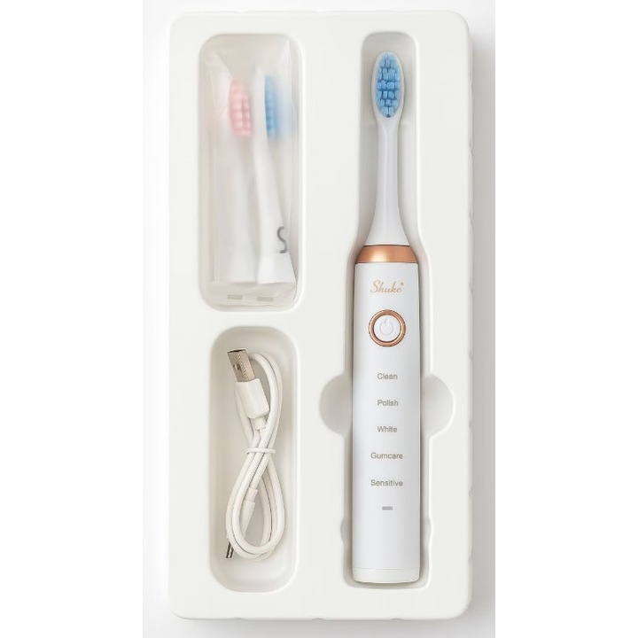 Periuta de dinti electrica, 5 moduri Clean, Polish, White, Gumcare, Sensitive, reincarcabila USB, 3 capete de rezerva, indicator baterie, rezistenta la apa, alb