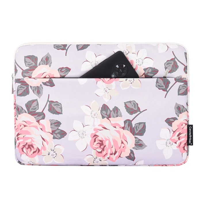 Geanta pentru laptop, diagonala maxima 13-14", inchidere cu fermoar, model floral, protectie acti soc, poliester, Gri