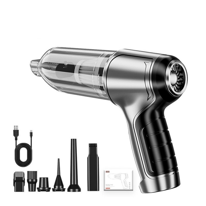 Aspirator portabil, aspirator/suflanta/sigilator portabil 3-in-1, senzor reincarcabil/de pornire, reglare in 2 viteze, tehnologie fara perii, 5 accesorii, putere de aspirare 12000Pa, potrivit pentru utilizare acasa/in masina/la birou, Argintiu